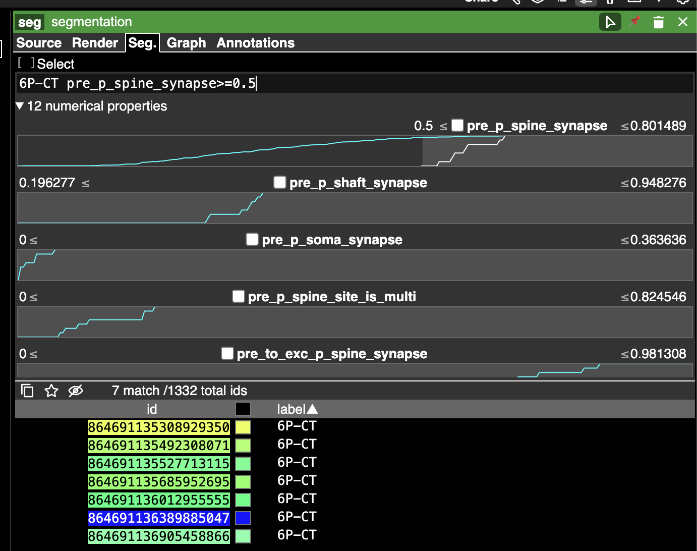 Neuroglancer segment properties view with selection